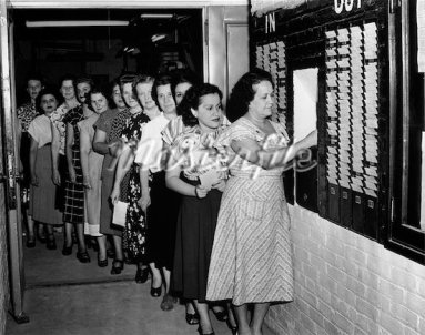838-02520103 © SuperStock / Masterfile Model Release: Yes Property Release: No Group of female office workers standing in line to punch time cards
